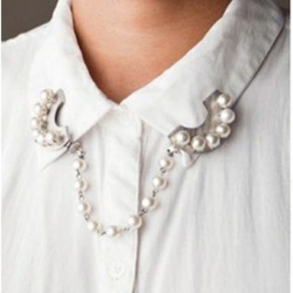 Collar Tips & Chain ~ White Pearls ~ Silver